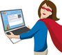 Teacher superhero with laptop.